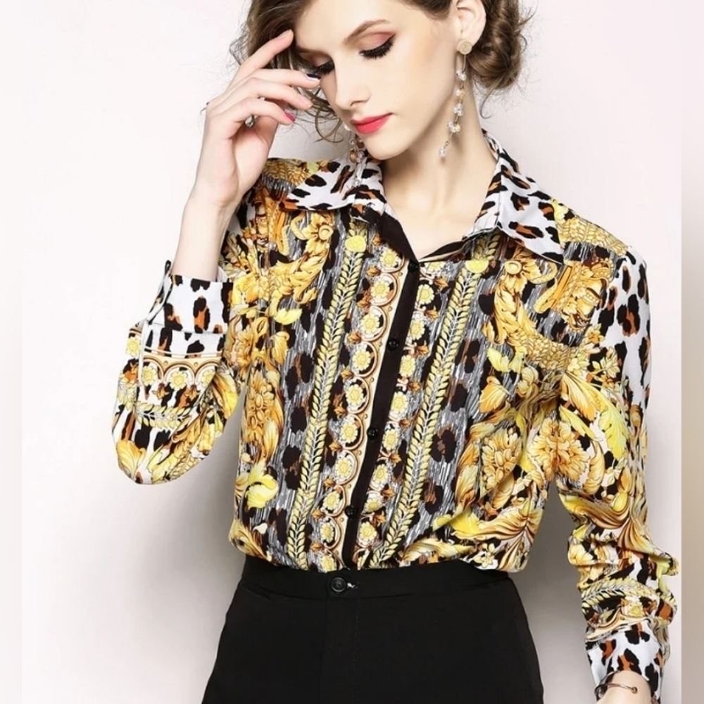 Stylewe Black‎ Yellow Shirt M Button Up Leopard Chain Pattern High Street